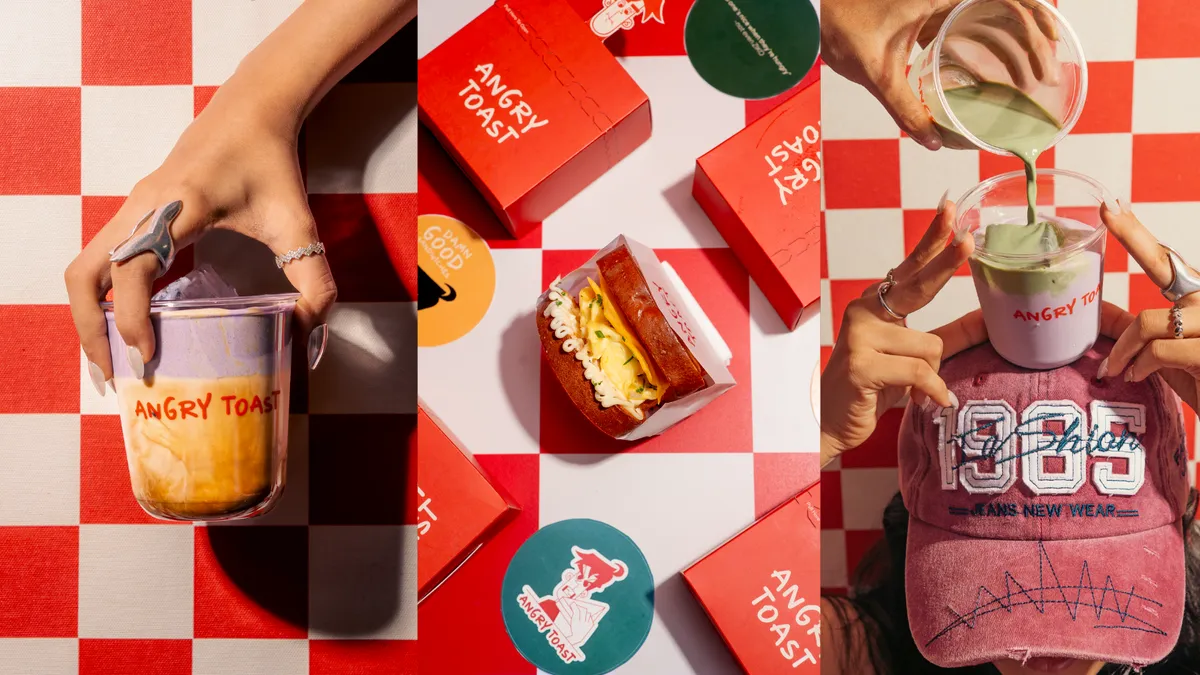Three drinks and packaging shots on the red checkerboard set