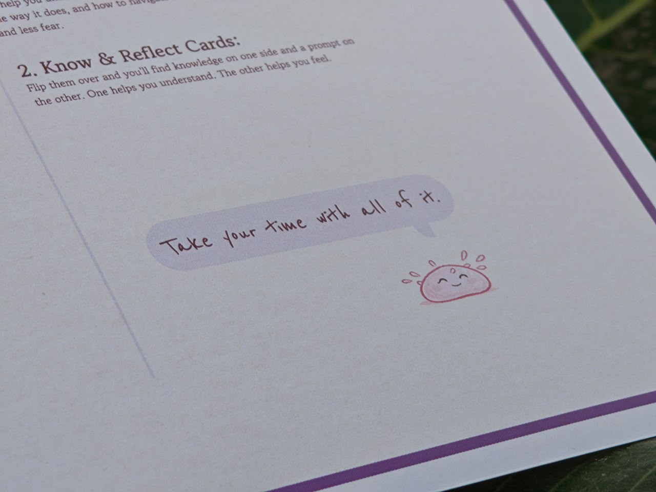 Close-up of a handwritten reflection prompt inside the publication