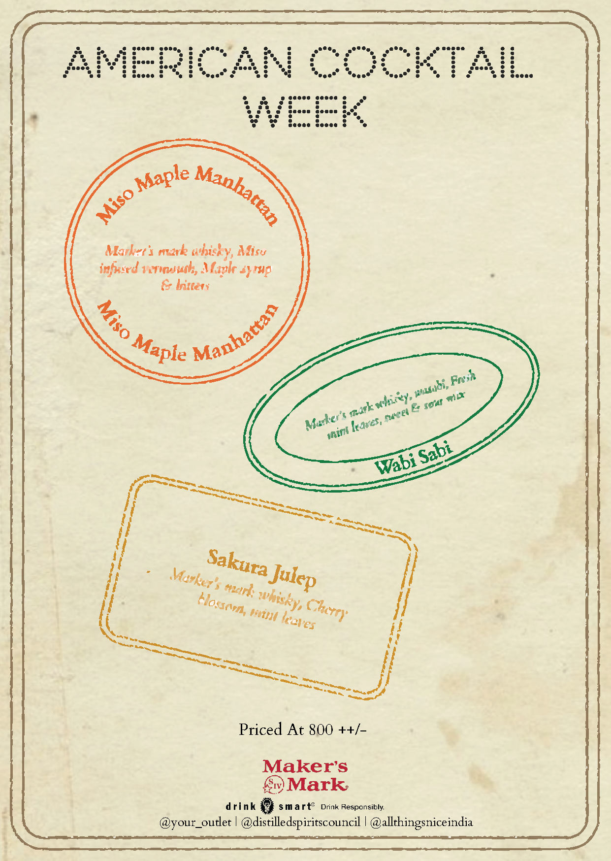 American Cocktail Week menu with Miso Maple Manhattan, Wabi Sabi and Sakura Julep stamps