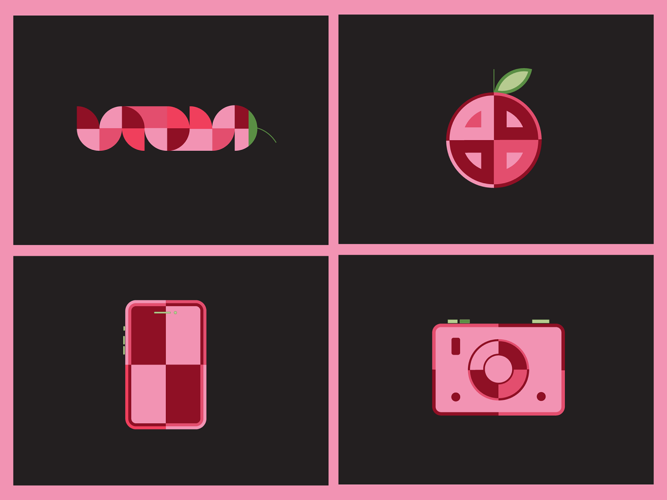 Icon set built from geometric brand shapes: guava slices, guava, phone and camera