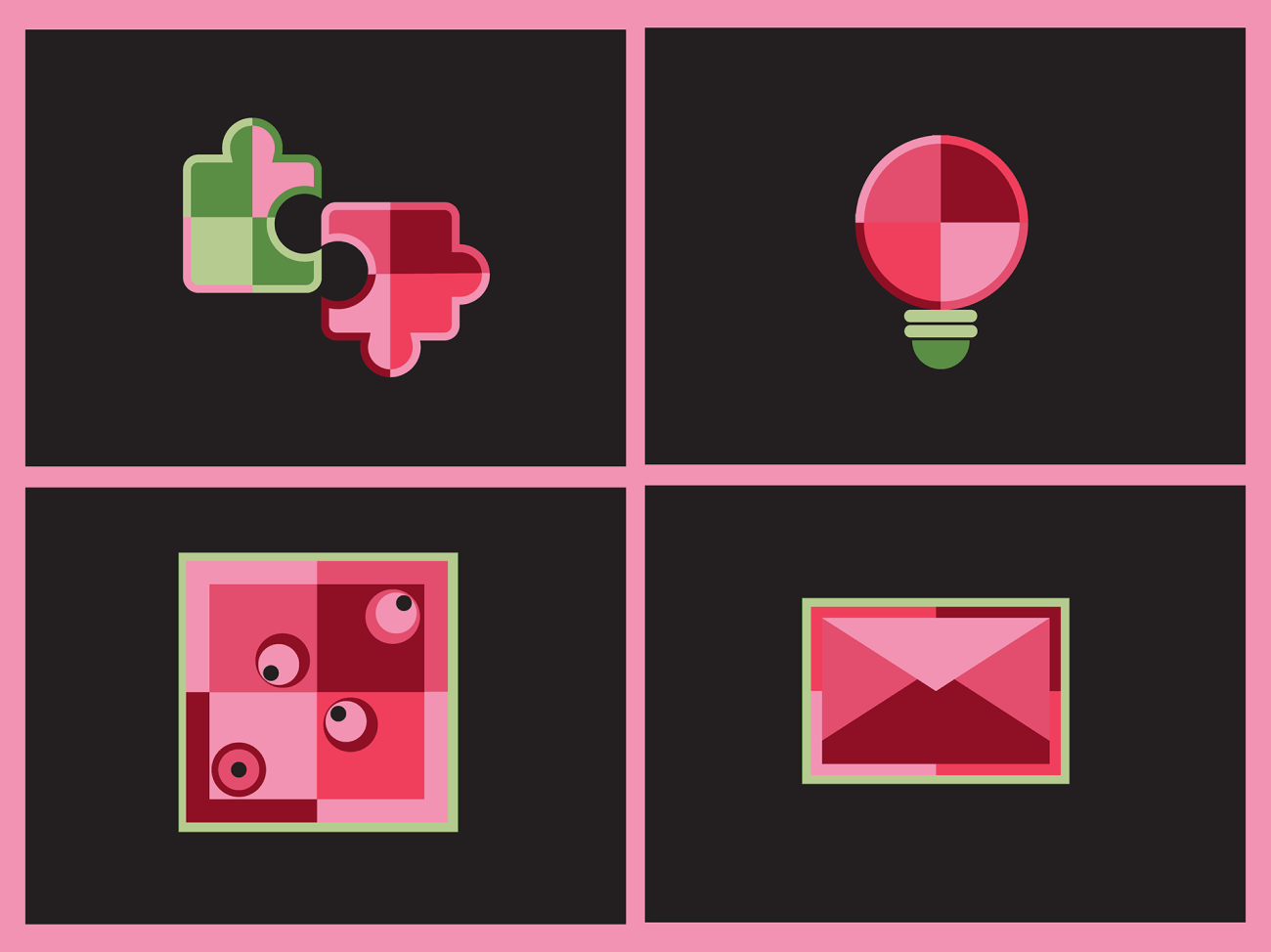 Icon set: puzzle pieces, lightbulb, watching eyes and envelope