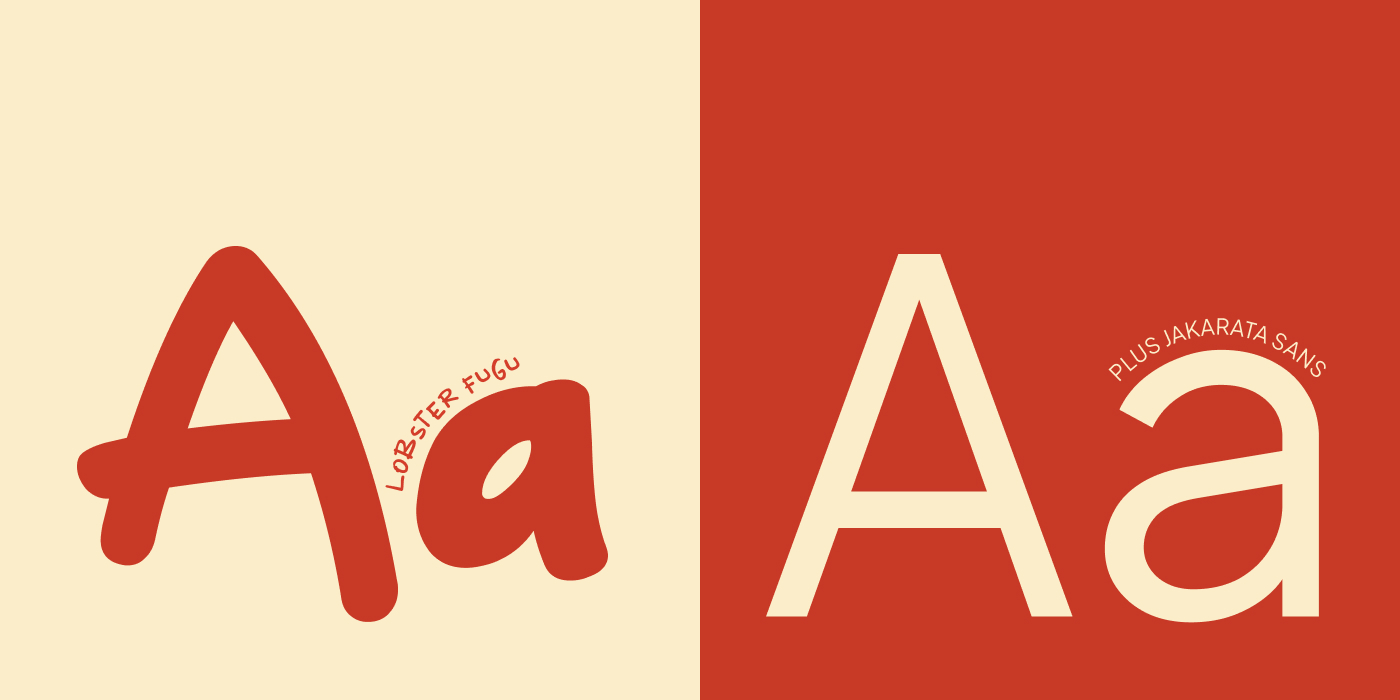 Typography system: Lobster Fugu for display and Plus Jakarta Sans for text