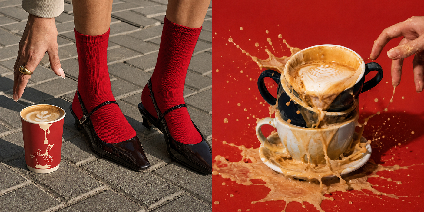 Branded coffee cup on a pavement and a splashing stack of coffee cups