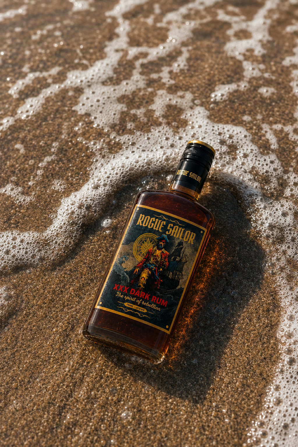 Rogue Sailor bottle lying in sea foam on wet sand