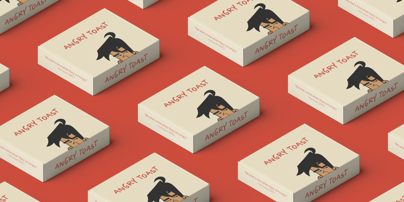 Repeating pattern of Angry Toast takeaway boxes on a red background