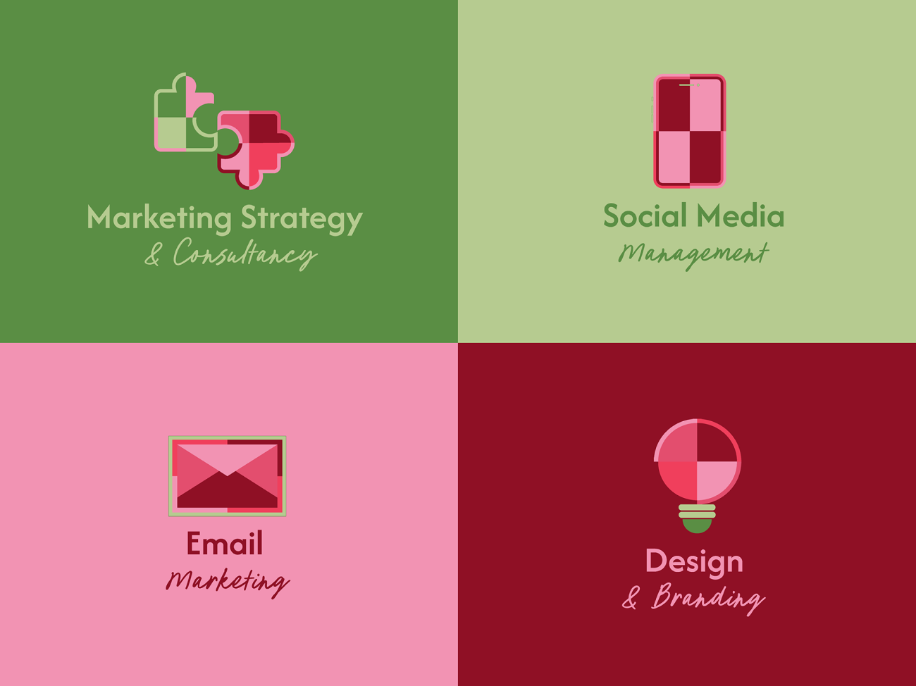 Service offering tiles: marketing strategy, social media, email marketing and design