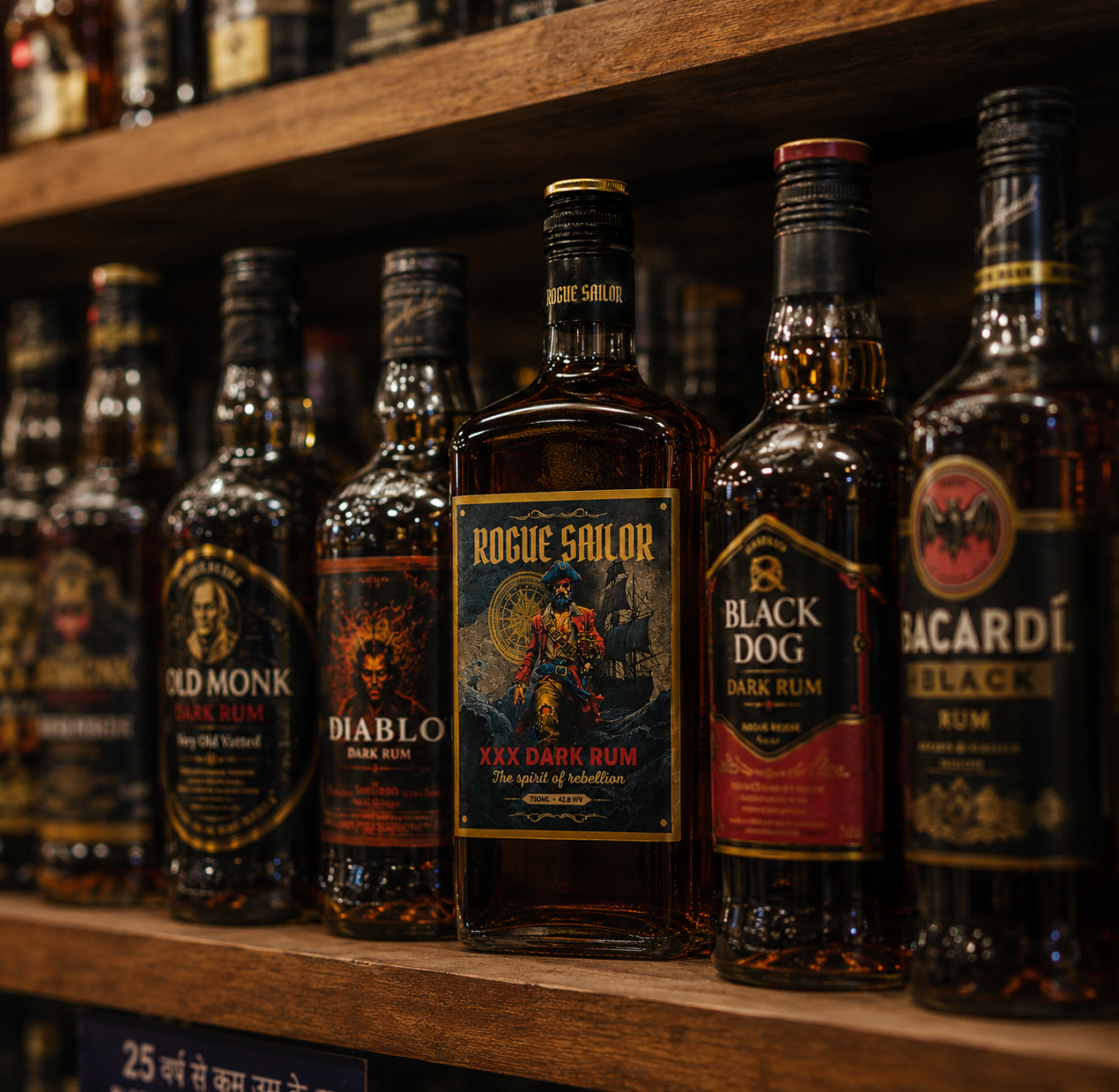 Rogue Sailor bottle on a liquor store shelf between Old Monk, Black Dog and Bacardi