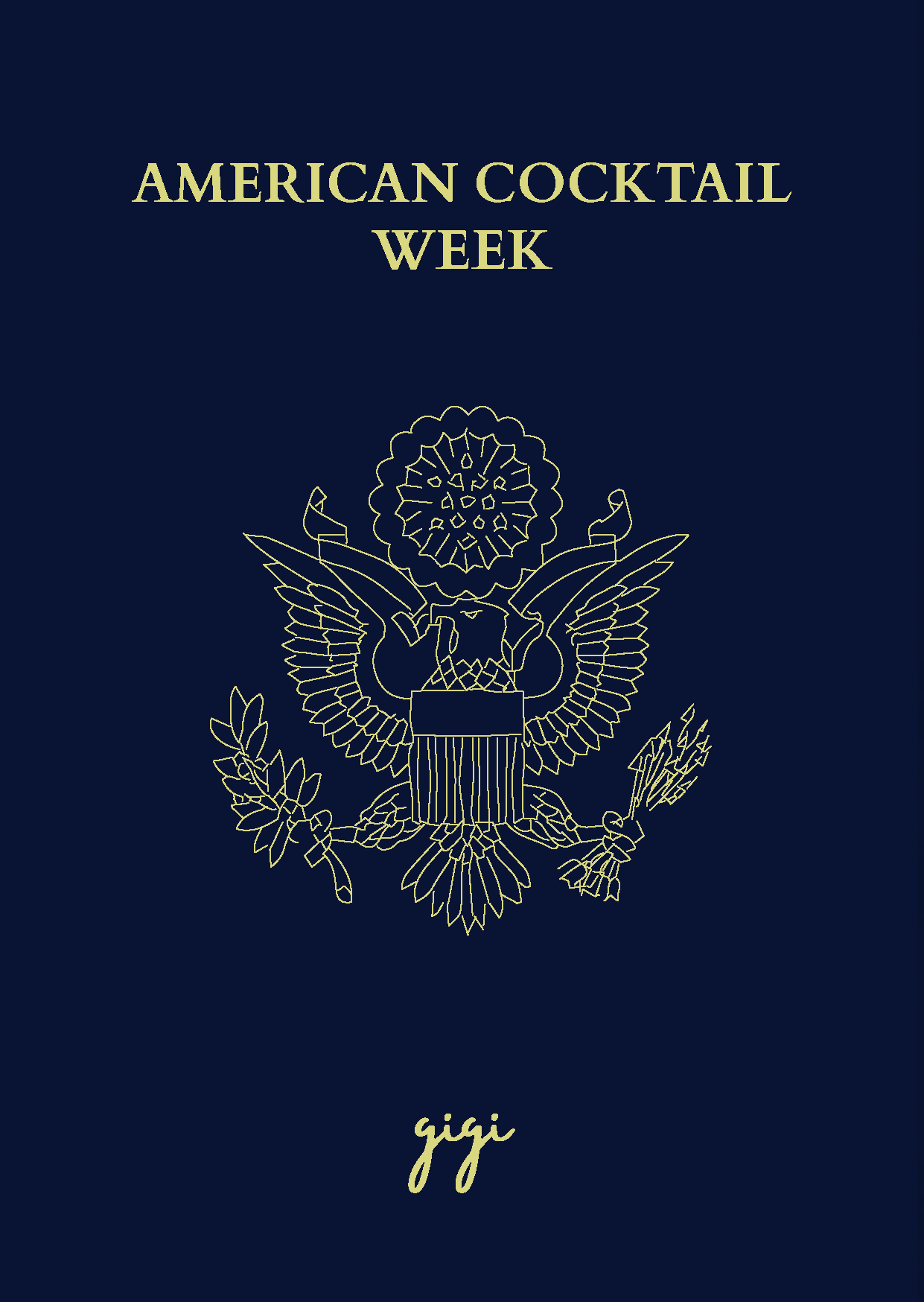 American Cocktail Week menu cover with a hand-drawn crest and the gigi signature