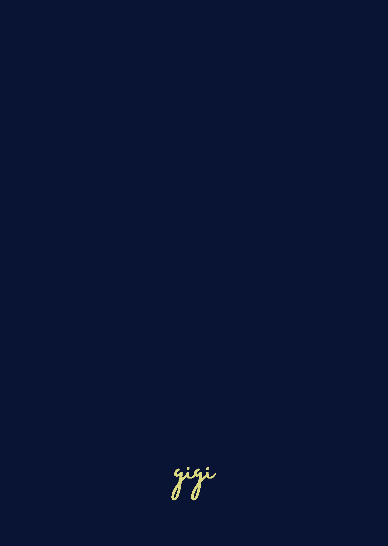 Navy back cover of the menu with the gigi signature