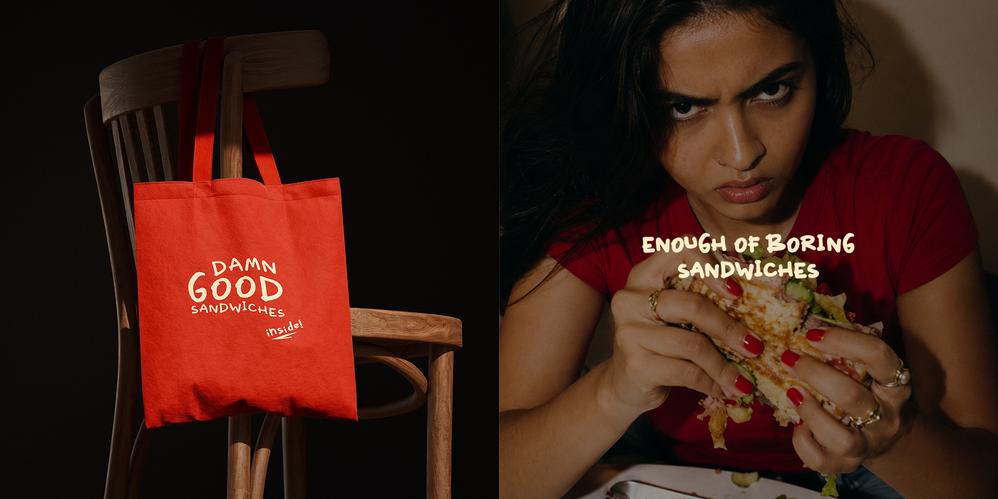 Damn Good Sandwiches tote on a chair beside a portrait captioned Enough of boring sandwiches