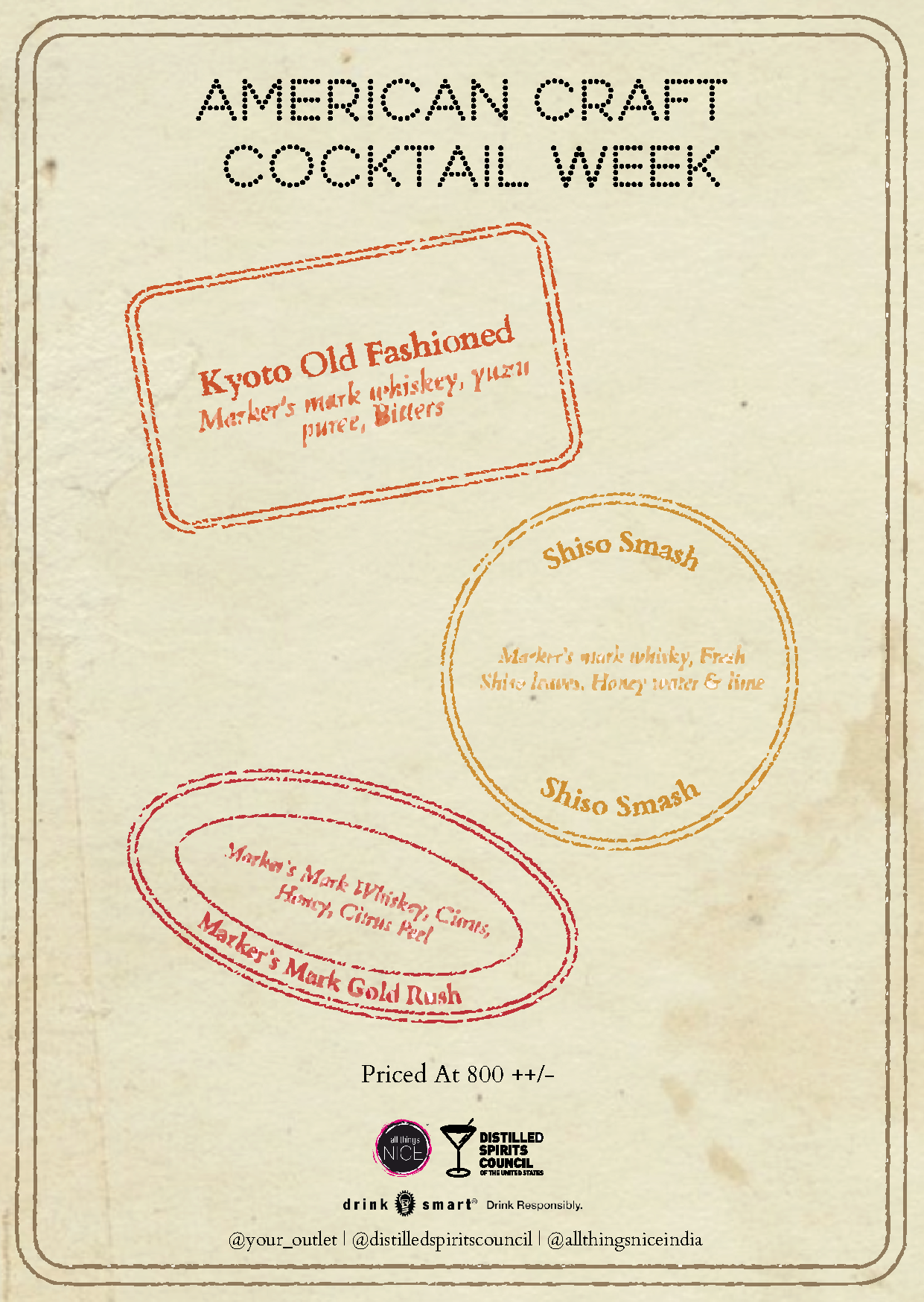 American Craft Cocktail Week menu with Kyoto Old Fashioned, Shiso Smash and Gold Rush stamps