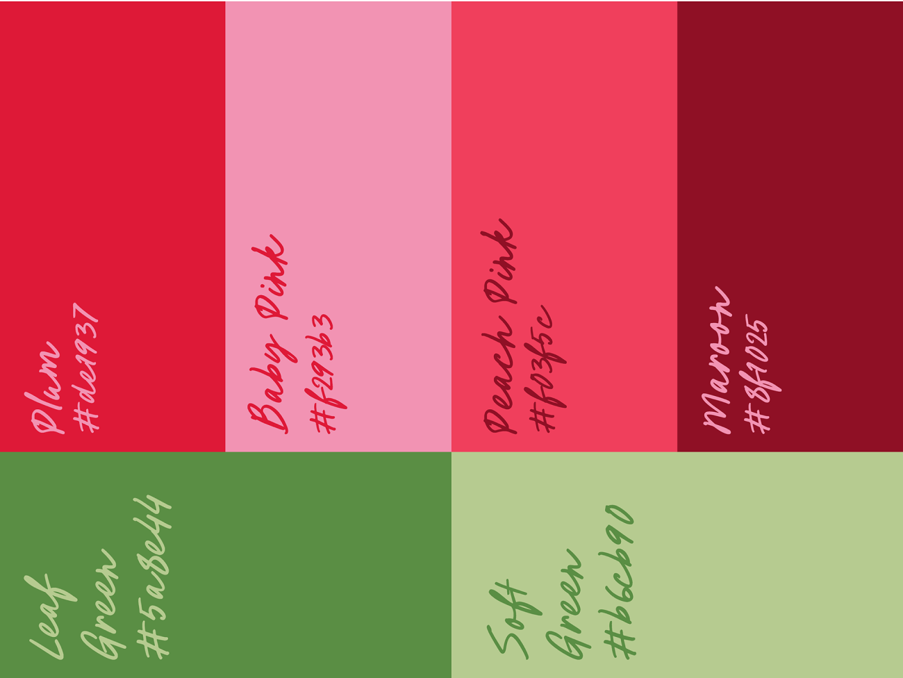 Spicey Guava colour palette: plum, baby pink, peach pink, maroon, leaf green and soft green